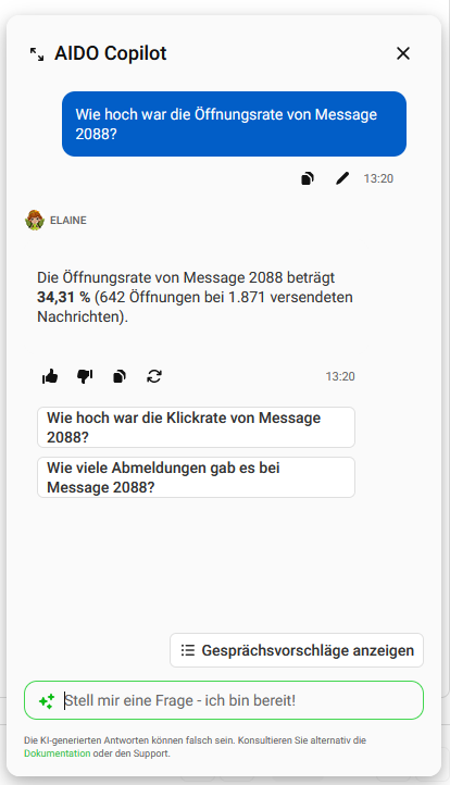 elaine-io-aido-copilot Screenshot des AIDO Copilots von Elaine.io mit eine beispielhaften Frage zur Öffnungsrate einer Message.
