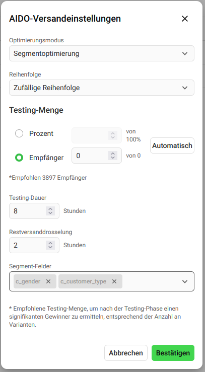 elaine-io-blog-aido-versandeinstellungen-segmentoptimierung Screenshot der AIDO-Versandeinstellungen von Elaine.io mit der Segmentoptimierung.