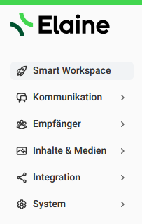 elaine-io-menuestruktur Screenshot der Menüstruktur von Elaine.io mit mehreren übersichtlich gegliederten Navigationsbereichen.