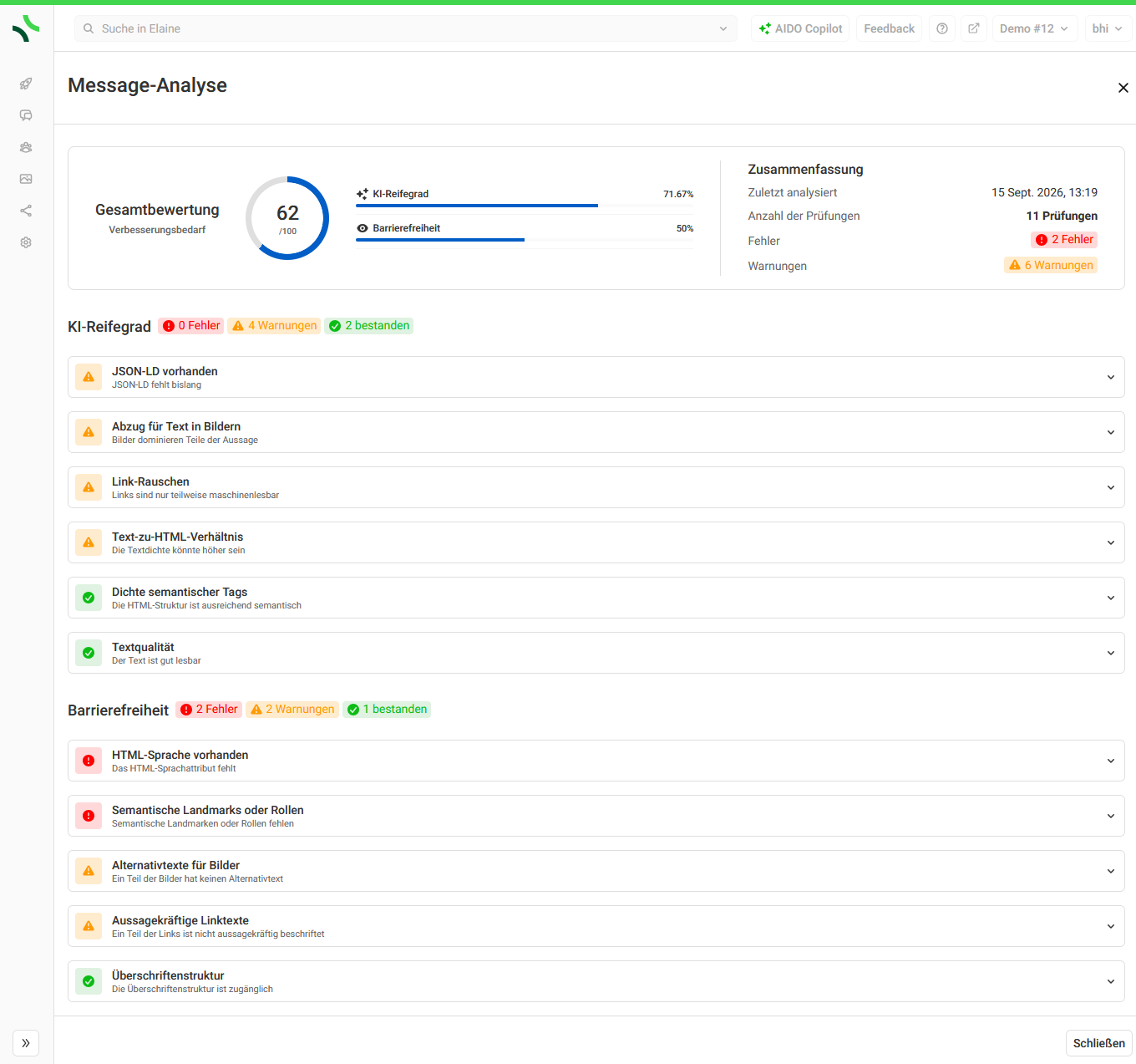 elaine-io-message-analyse Screenshot der neuen Message-Analyse in Elaine.io.